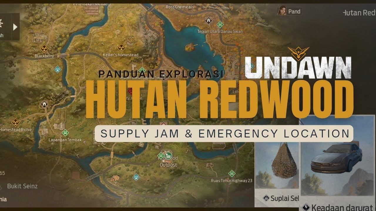 Ilustrasi peta Redwood Forest Garena Undawn dengan area hutan, danau, serta zona loot dan pertempuran penting.