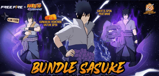 Bundle Sasuke Eksklusif Free Fire, karakter Naruto, item langka FF, cara mendapatkan bundle Sasuke di Free Fire