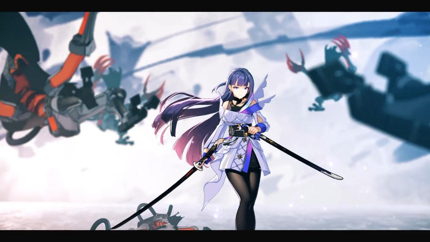 Ilustrasi Raiden Mei sebagai Herrscher of Thunder dengan latar petir dan efek listrik di Honkai Impact 3.