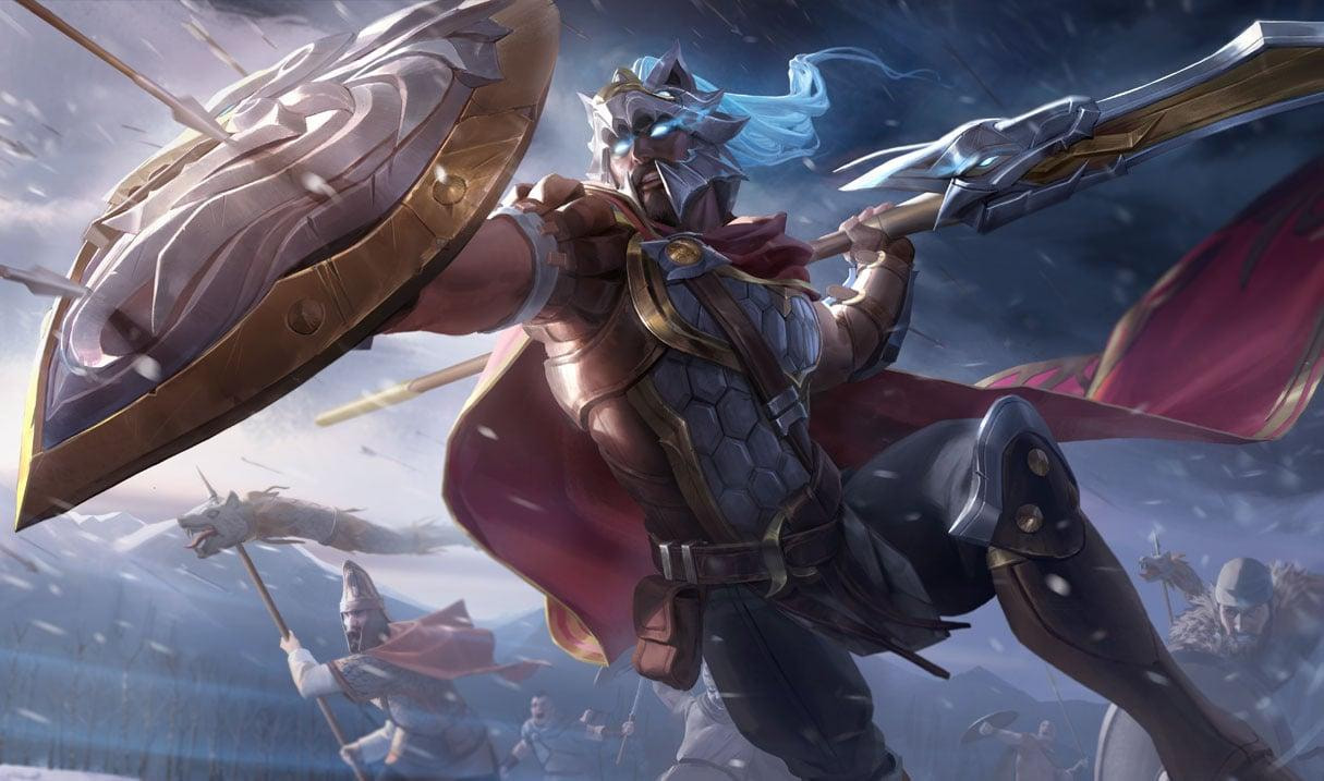 Ilustrasi Glaive Darkin terakhir League of Legends Season 3 dengan desain topeng bertanduk, mantel melayang, dan aura kekuatan kuno