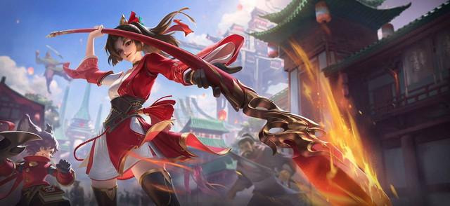Ying, hero fighter-assassin dari Honor of Kings, bersiap dengan tombaknya di kota Chang’an – ilustrasi skill dan latar belakang hero.