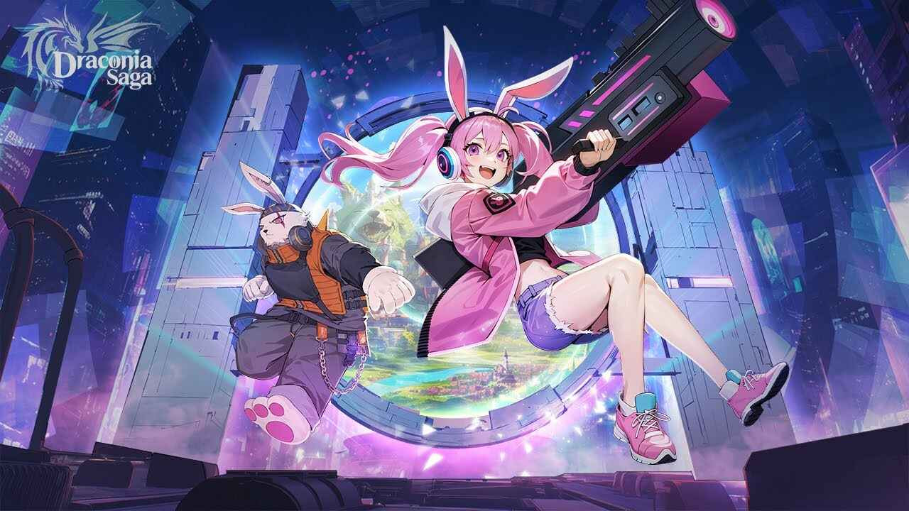 Ilustrasi karakter Draconia Saga dengan efek transformasi Metamorph dan Drakite yang memancarkan aura elemental, menunjukkan kekuatan dan strategi dalam gameplay MMORPG.