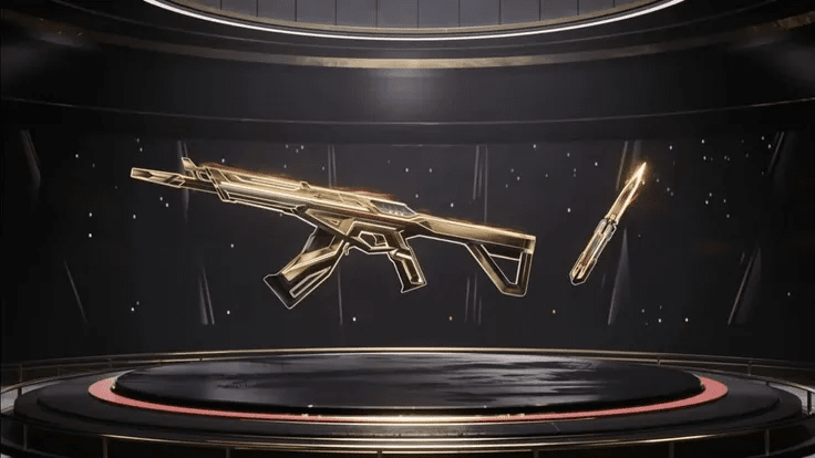 Tampilan skin Valorant Champions 2025 Paris dengan desain elegan berwarna emas, perak, dan hitam, menampilkan ornamen khas Paris seperti Menara Eiffel dan efek visual tembakan mewah