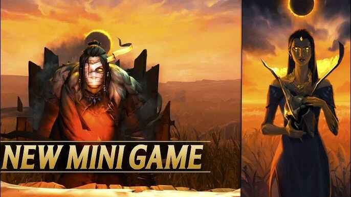 Ilustrasi minigame klasik League of Legends seperti Demons Hand dan Koeshin dengan nuansa nostalgia dan tampilan visual khas Riot Games