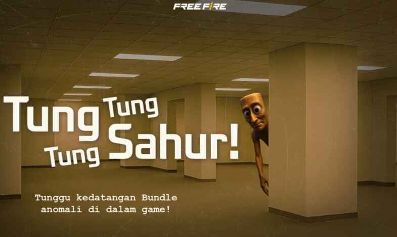 Karakter Free Fire memakai Bundle Anomali Tung Tung Tung Sahur dengan bedug mini bercahaya di punggung, latar suasana Ramadan dengan nuansa futuristik dan penuh warna.