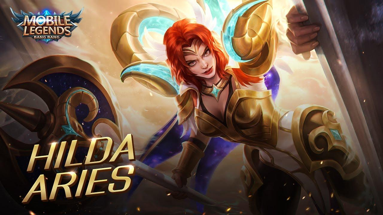 Skin Zodiak Aries Hilda Mobile Legends dengan desain astrologi yang epik, memperlihatkan armor zodiak Aries yang berkilau dan tampilan visual yang mengesankan.