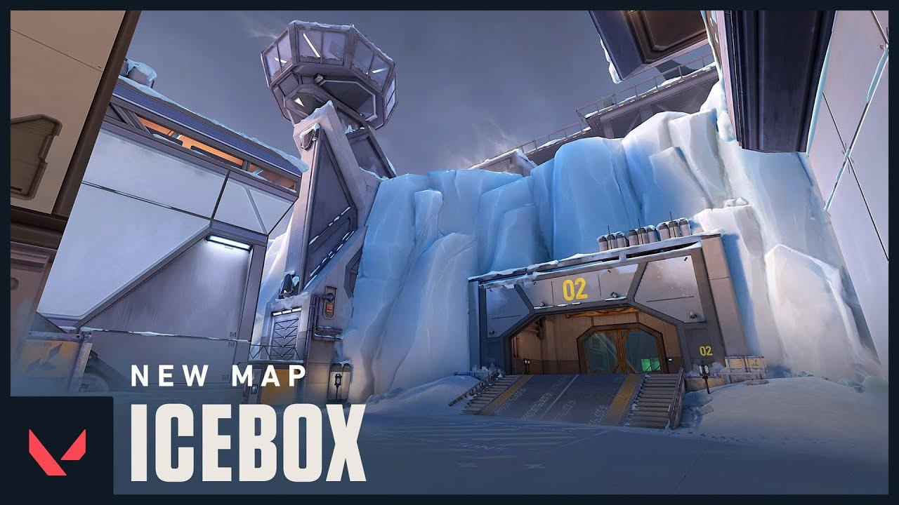 Ilustrasi map Icebox Valorant dengan highlight posisi strategis dan agent initiator seperti Sova, KAY/O, Gekko, Skye, dan Fade, menampilkan utility mereka dalam membuka dan menguasai site untuk strategi push dan retake.