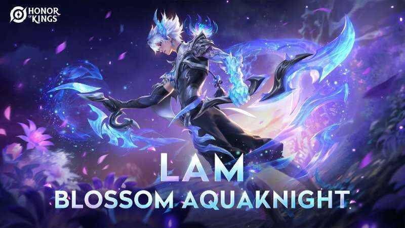 Tampilan hero Lam dengan skin Blossom Aquaknight di Honor of Kings, mengenakan armor biru laut dengan aksen bunga sakura dan efek kristal berkilau